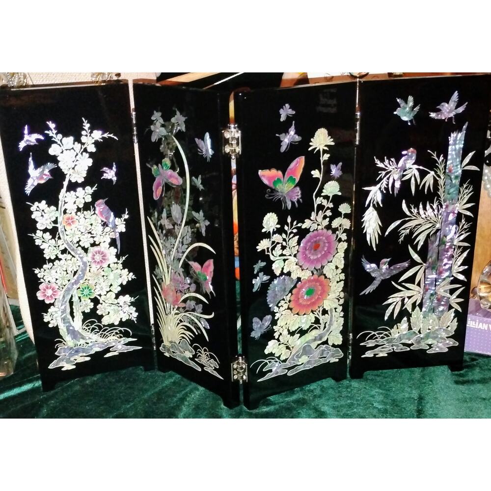 Vintage Mother of Pearl Inlay Folding Screen Black Lacquer 4 Panel 12” Decor